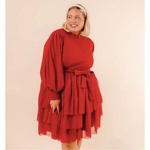 Ivy City Co Short Cosette Dress Red Tiered Tulle Ribbed Knit Size 1X NWT